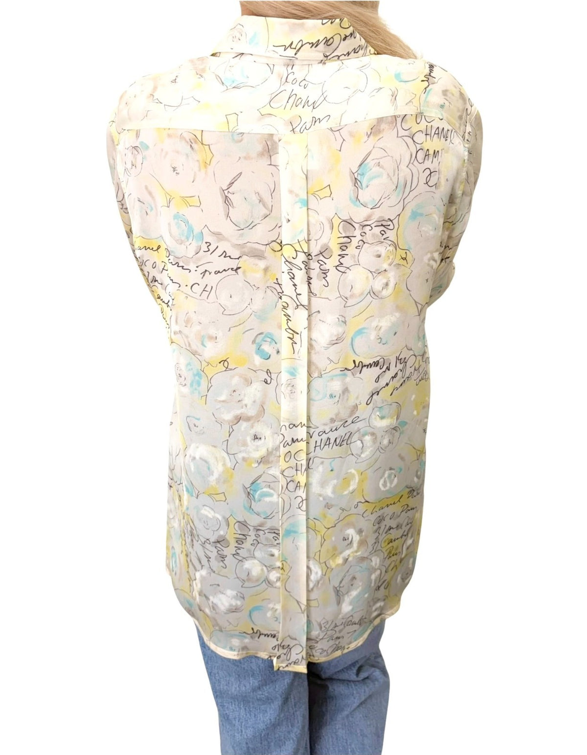 CHANEL Vintage 98C CC Logo Button Camellia Silk Shirt Top #38 Multicolor 902917