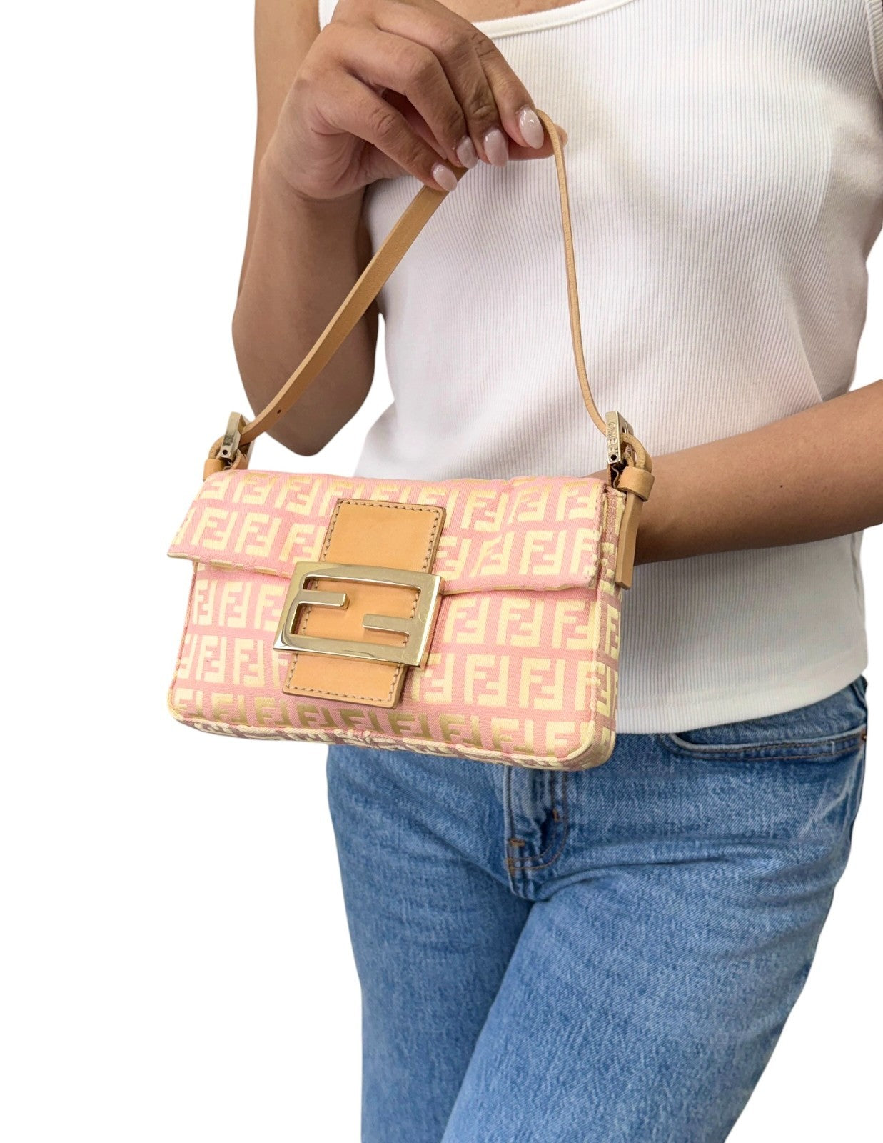 FENDI Vintage Zucchino Mamma Baguette Mini Bag Pochette Pink Beige 901893