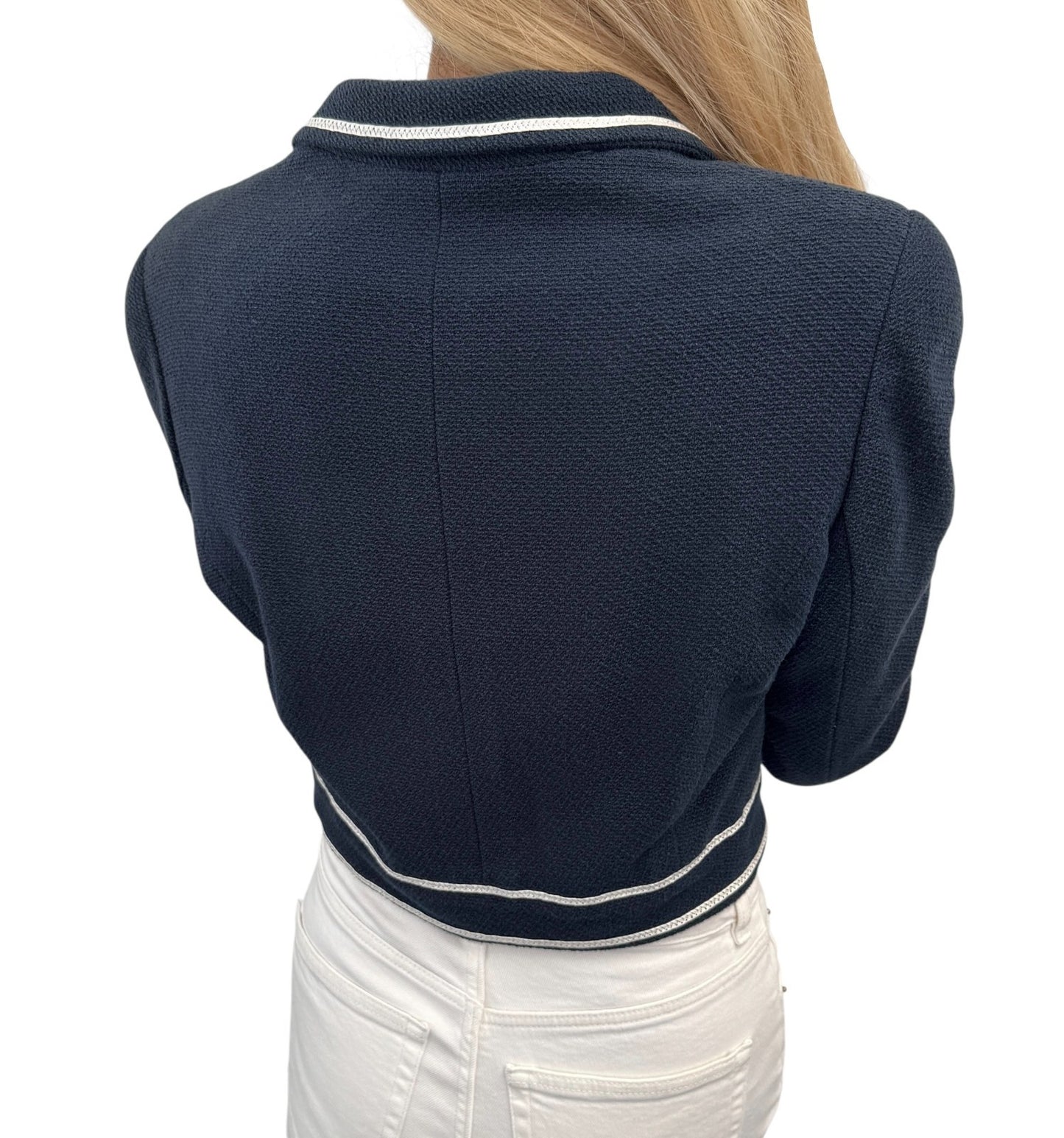 CHANEL Vintage P95 CC Logo Collared Cropped Jacket #42 Dark Blue Cotton Button