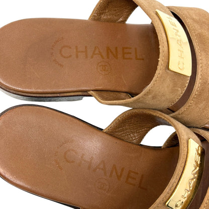 CHANEL Vintage CC Logo Flat Slide Sandals #36 Brown Gold Leather Suede 901945