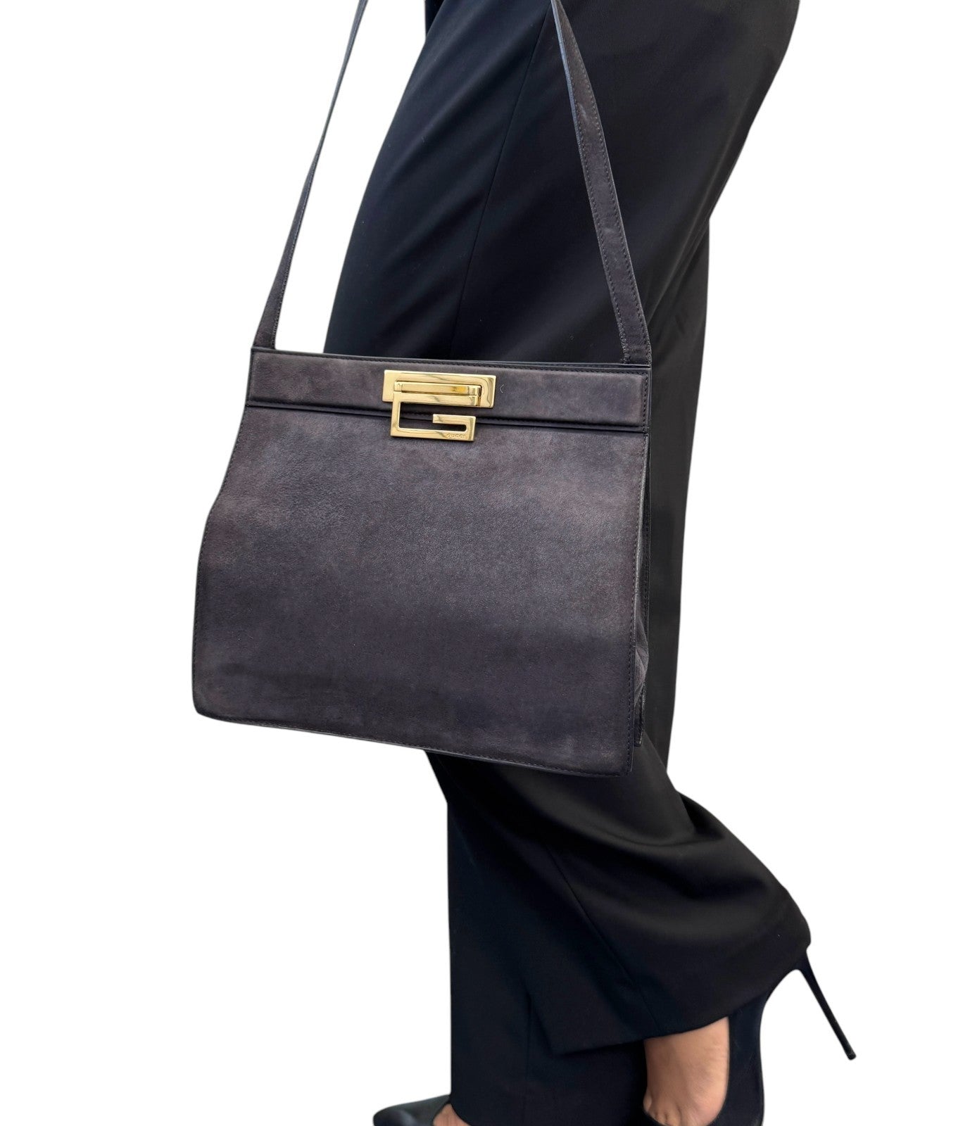 GUCCI Vintage G Square Logo Shoulder Bag Gray Gold Suede Leather 902248
