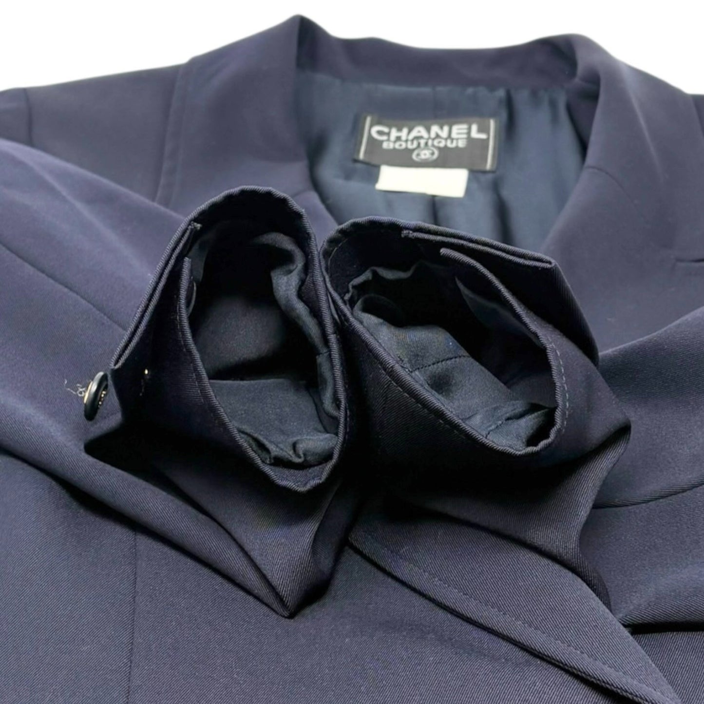 CHANEL Vintage 97P CC Logo Button Blazer Jacket #42 Dark Blue Gold Wool Pocket