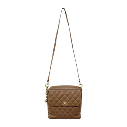 CHANEL Vintage CC Chain Turnlock Quilted Flap Shoulder Bag Brown Leather 902364