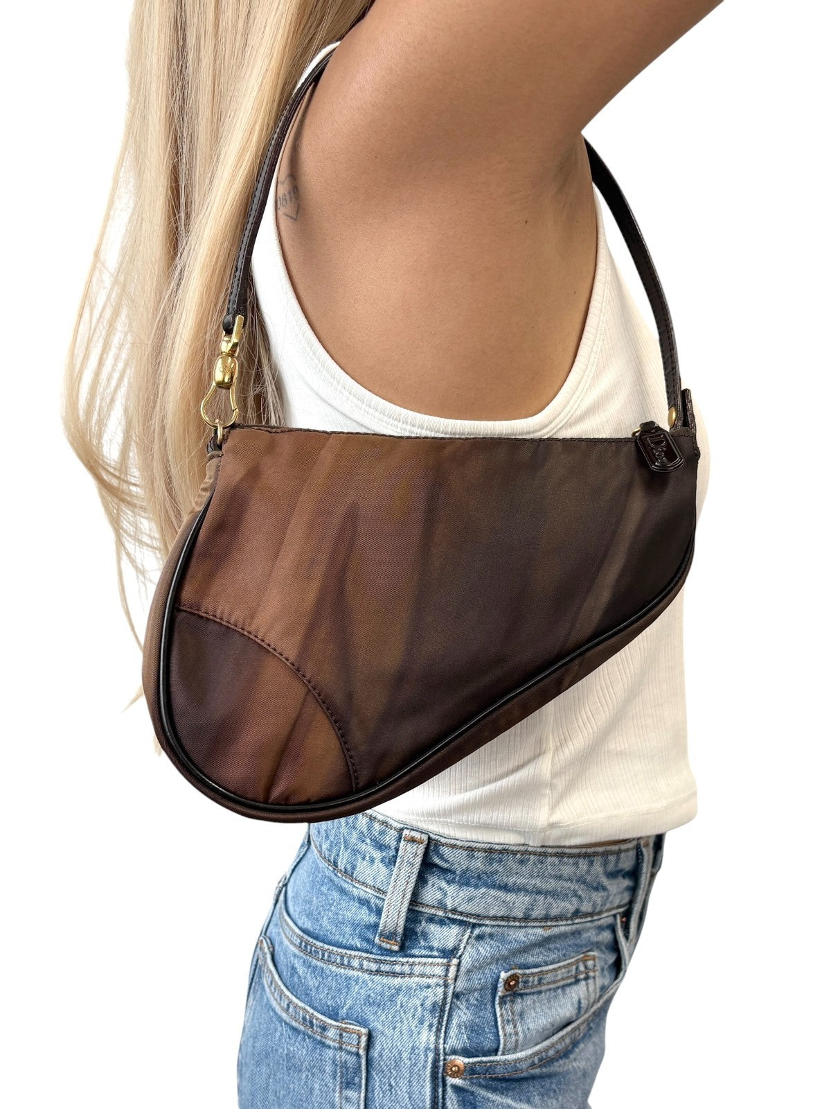 Christian Dior Vintage 2001 Saddle Nylon Shoulder Bag Pochette Brown Gold
