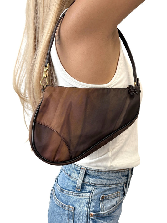 Christian Dior Vintage 2001 Saddle Nylon Shoulder Bag Pochette Brown Gold