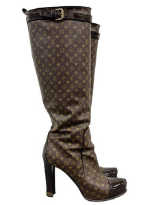 LOUIS VUITTON Vintage LV Monogram Logo Long Boots #37 Heels Brown Black Leather