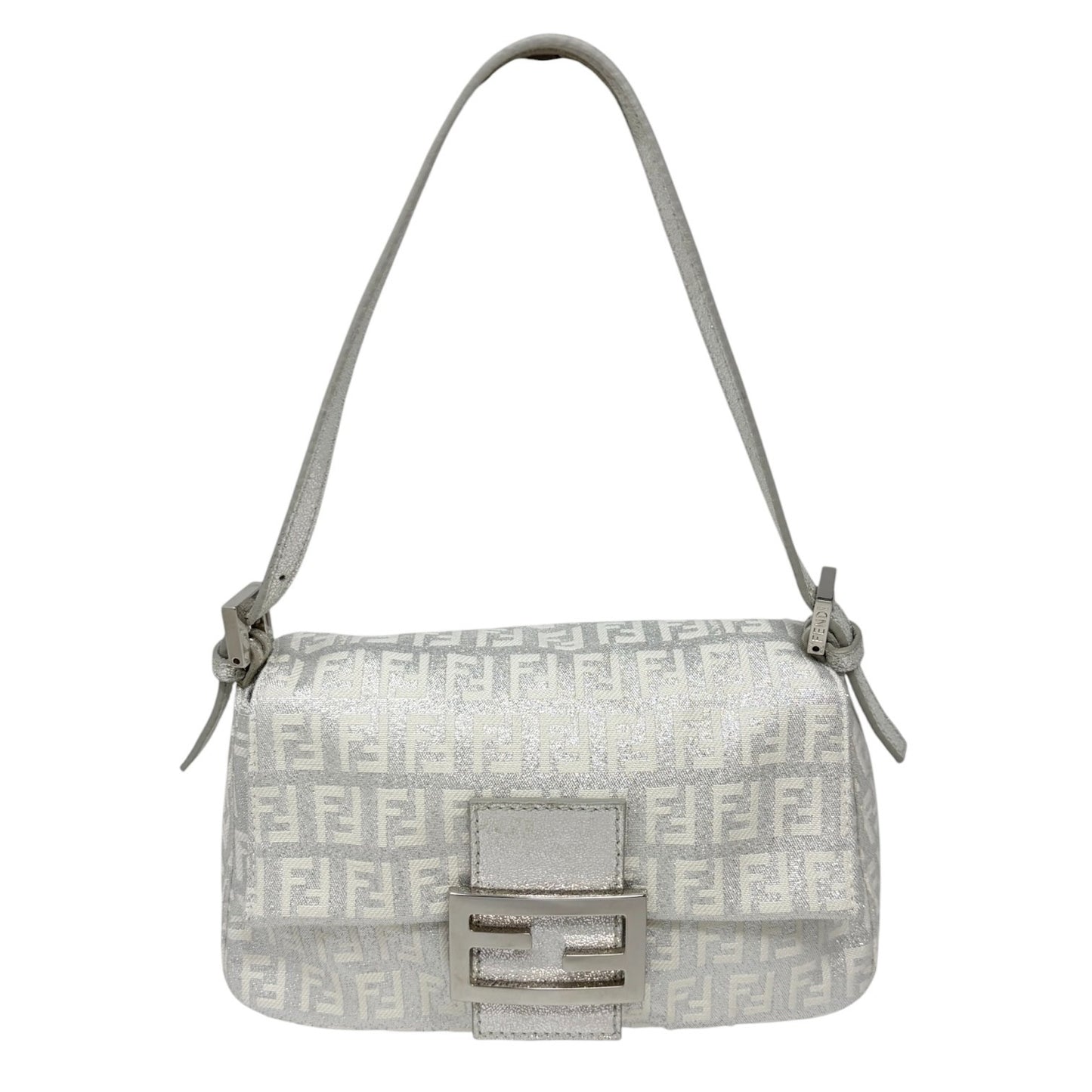 FENDI Vintage FF Zucchino Mini Mamma Baguette Shoulder Bag White Silver 902293