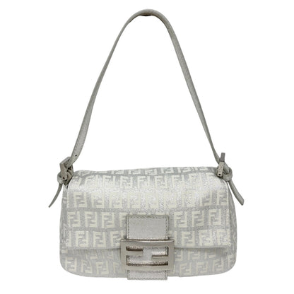 FENDI Vintage FF Zucchino Mini Mamma Baguette Shoulder Bag White Silver 902293