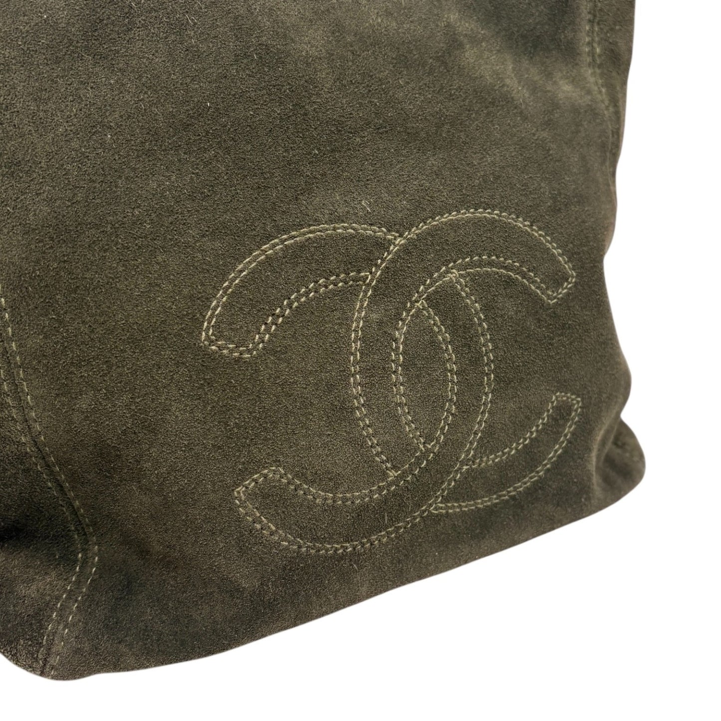 CHANEL Vintage Big CC Logo Embroidered Suede Shoulder Tote Bag Khaki