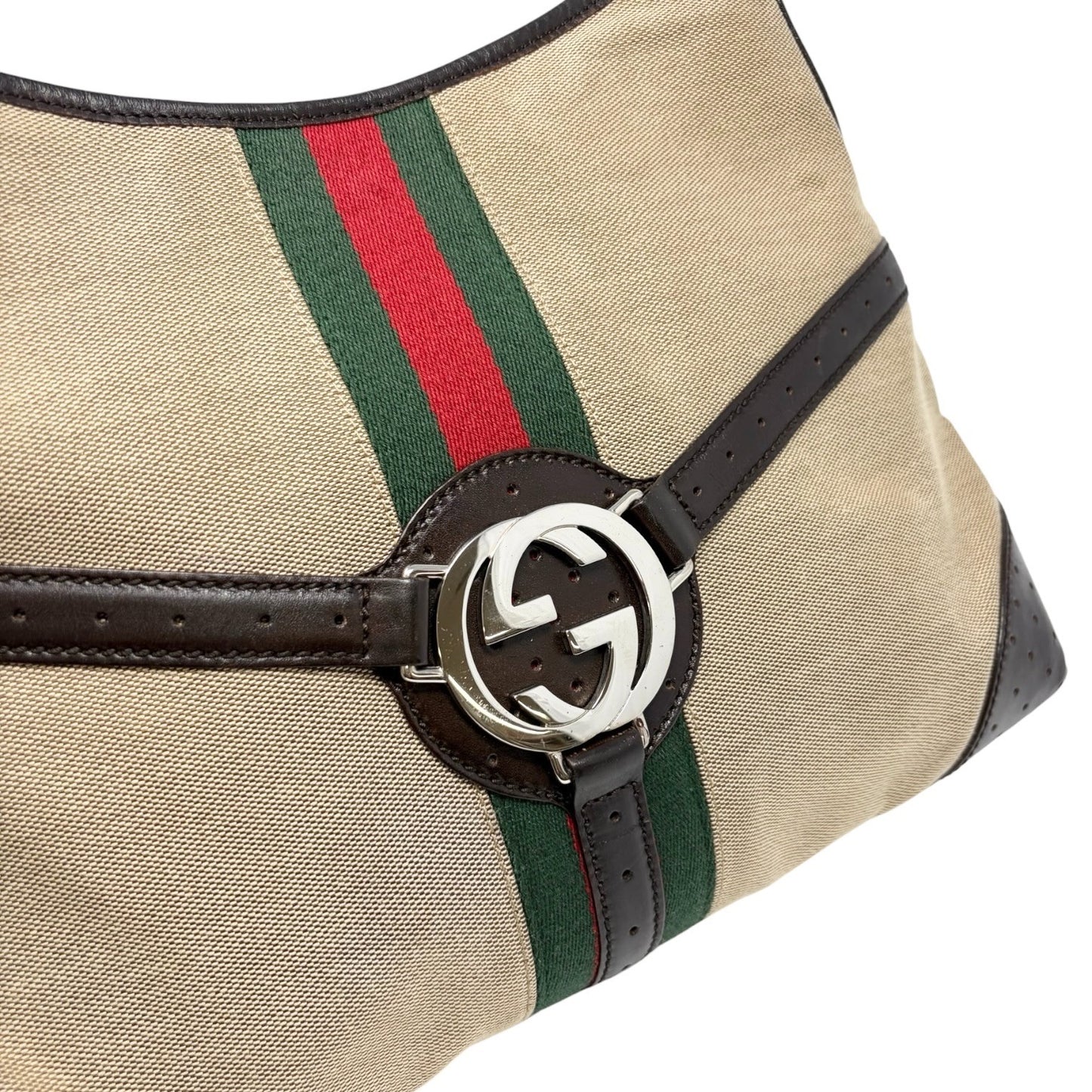 GUCCI Vintage Web Stripe Interlocking GG Logo Canvas Hobo Bag Brown 902575