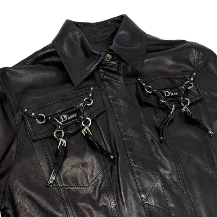 Christian Dior Vintage 2004 Bondage Logo Leather Jacket #36 Black Silver