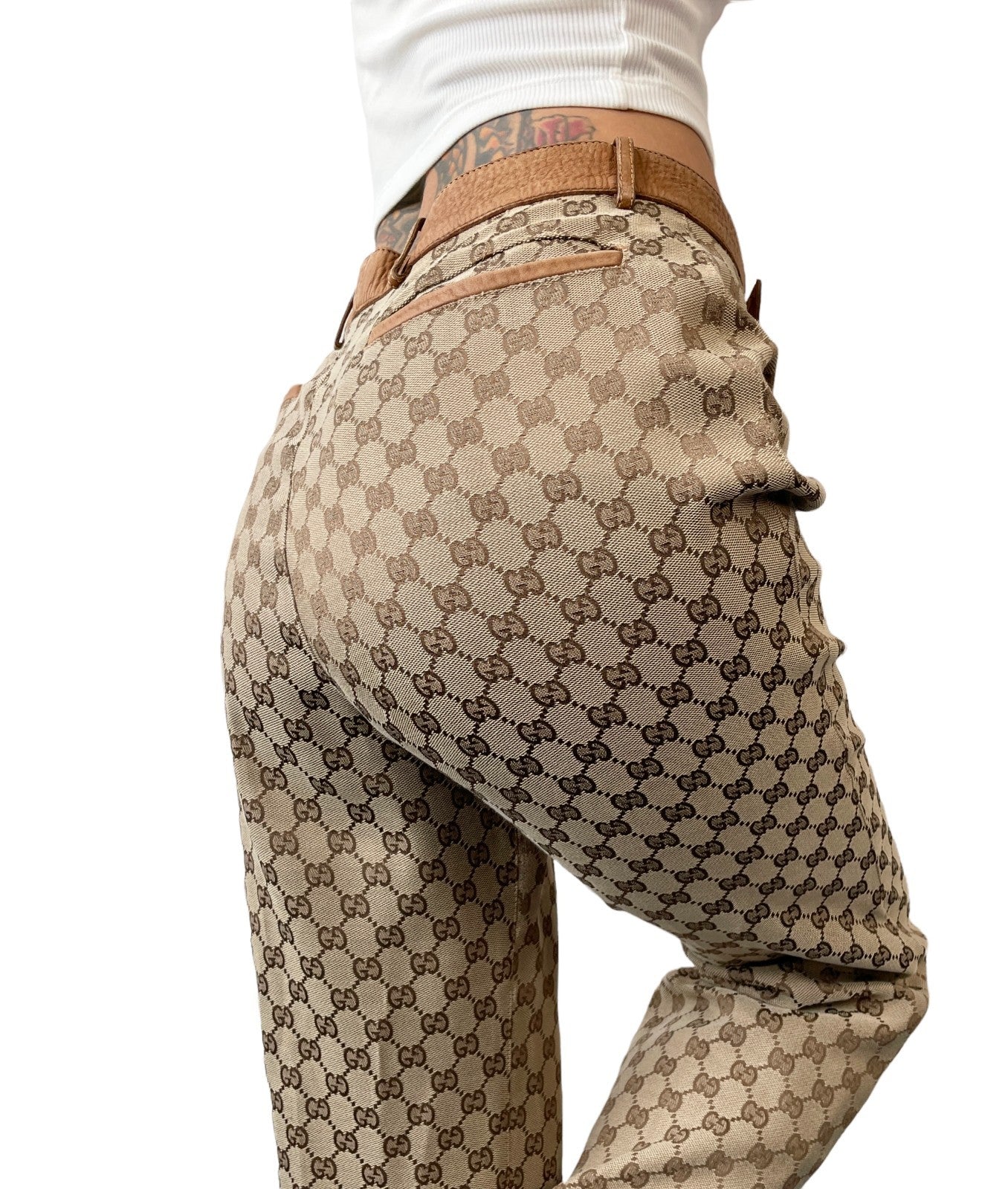 GUCCI Vintage GG Logo Jacquard Canvas Belted Tapered Cropped Pants #38 Beige