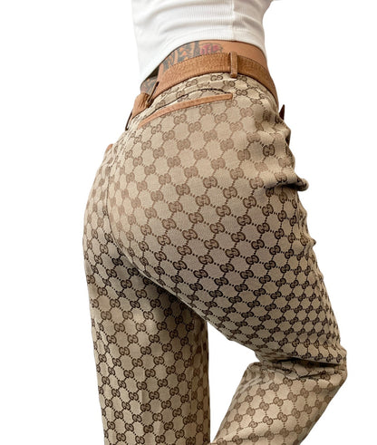GUCCI Vintage GG Logo Jacquard Canvas Belted Tapered Cropped Pants #38 Beige