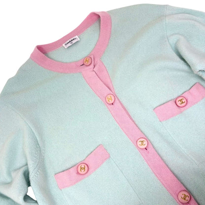 CHANEL Vintage CC Logo Cashmere Knit Long Cardigan Top Blue Pink 902470