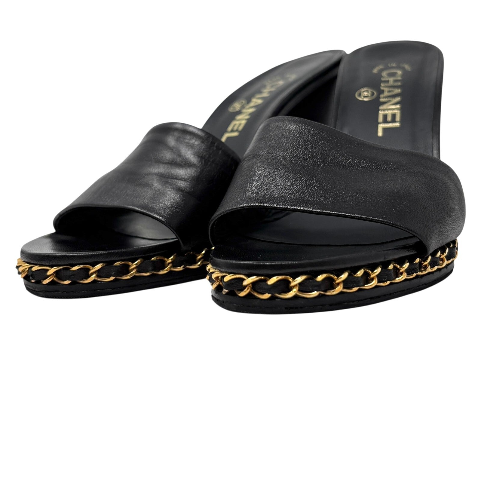 CHANEL Vintage CC Logo Chain Wedge Sole Sandals #37-38.5 Black Gold Leather