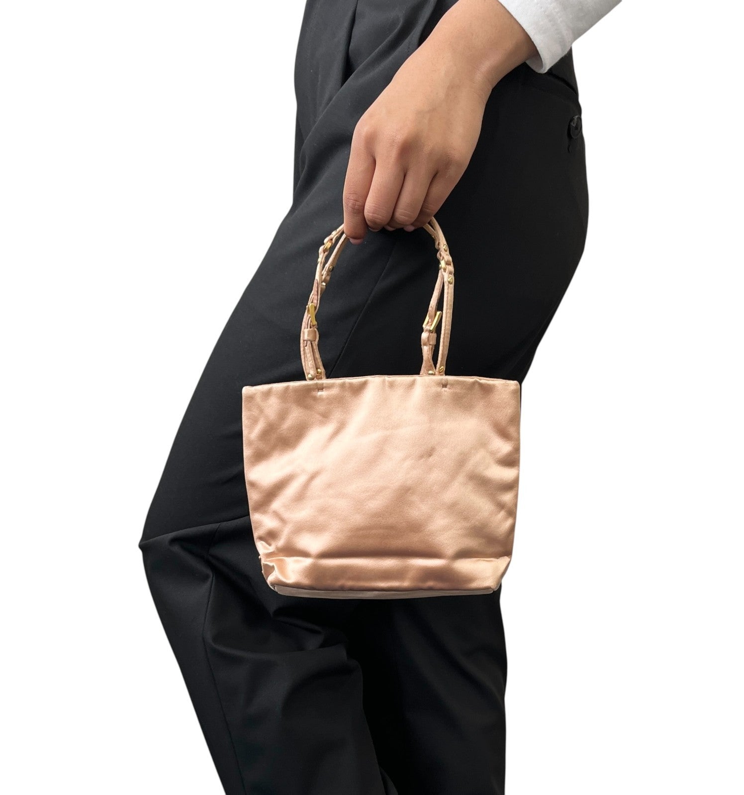 PRADA Vintage Triangle Logo Mini Tote Bag HandBag Pochette Beige Gold Satin