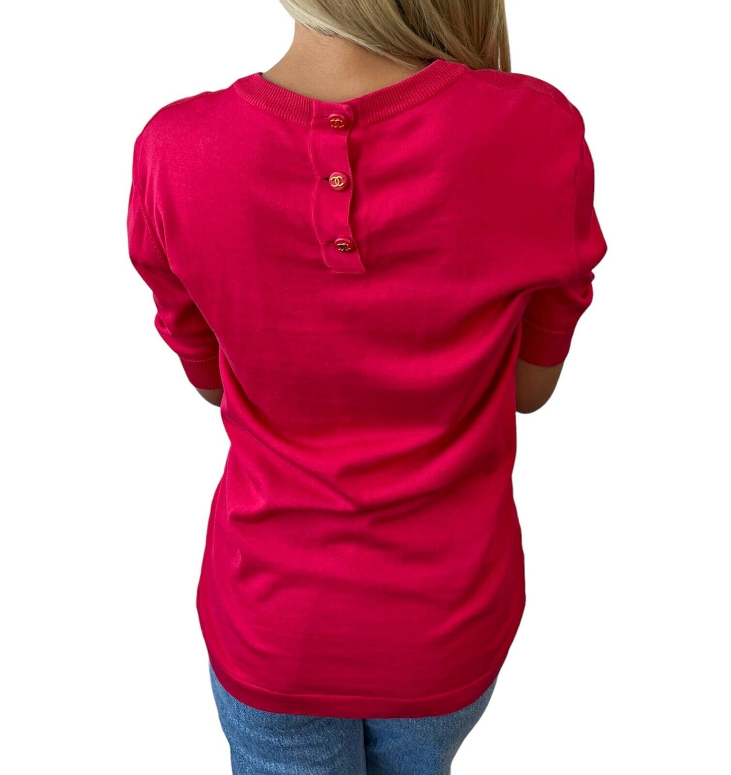 CHANEL Vintage CC Logo Button Knit Top #40 Short Sleeve Pink Rank AB