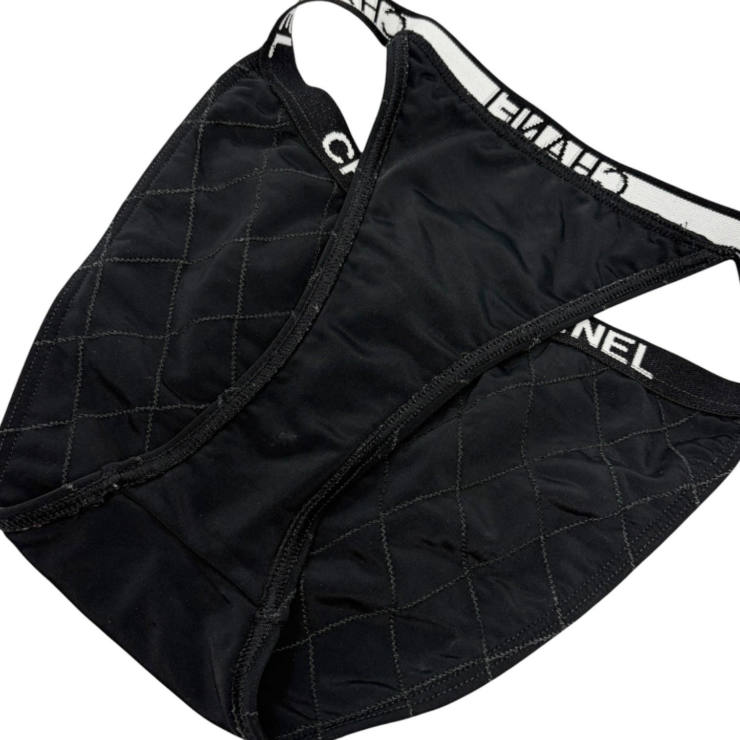 CHANEL Vintage CC Logo Swimsuit Swimwear Bikini Black White Nylon 106952