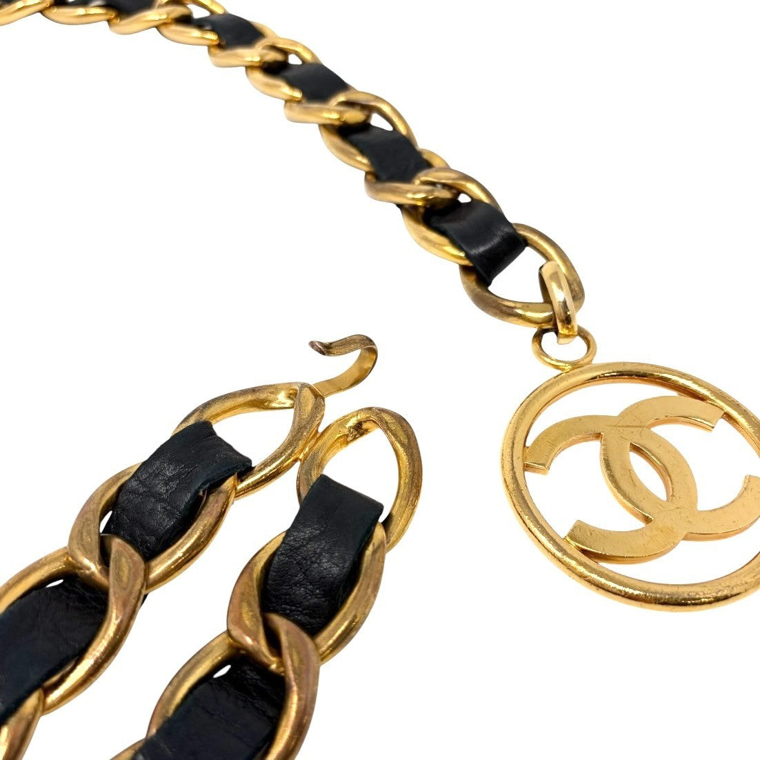 CHANEL Vintage CC Mark Logo Chain Belt Accessory Gold Black Leather Metal 902003