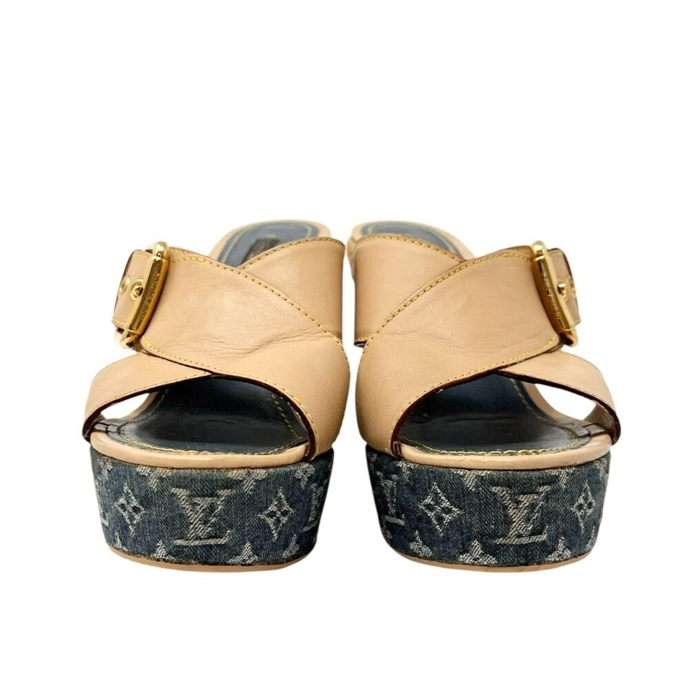 LOUIS VUITTON Vintage LV Logo Monogram Sandals #36-36.5 Beige Blue Leather Belt