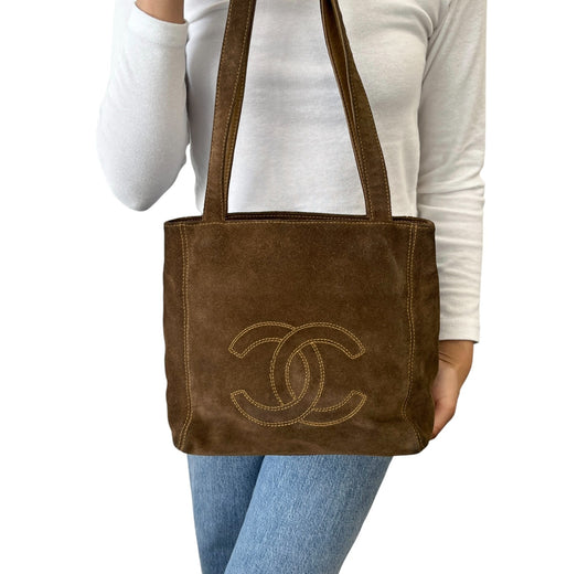 CHANEL Vintage CC Logo Stitch Suede Shoulder Tote Bag Brown Beige 902208
