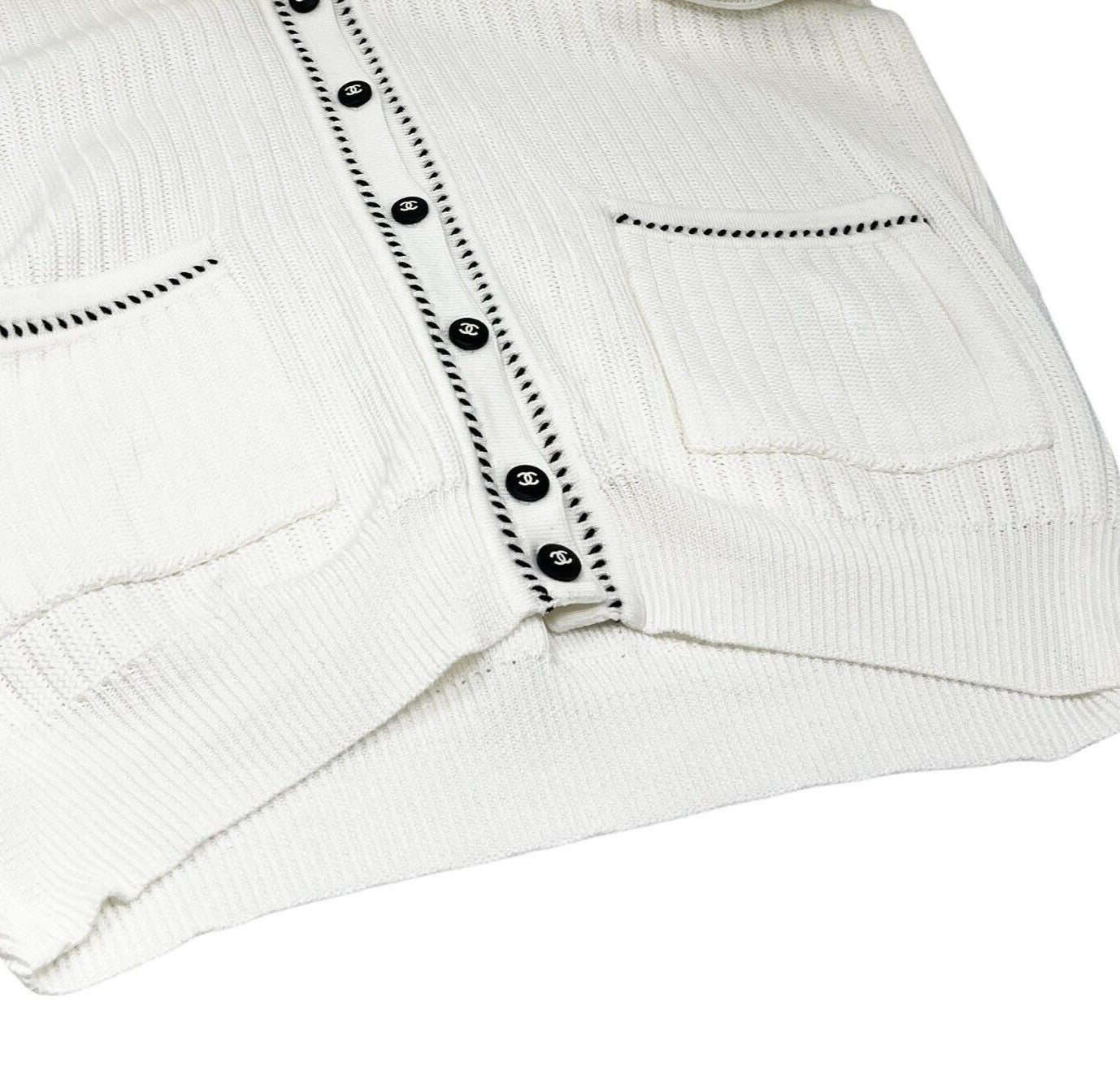 CHANEL Vintage 96P CC Logo Cardigan Sweater Top #42 Button White Black Cotton