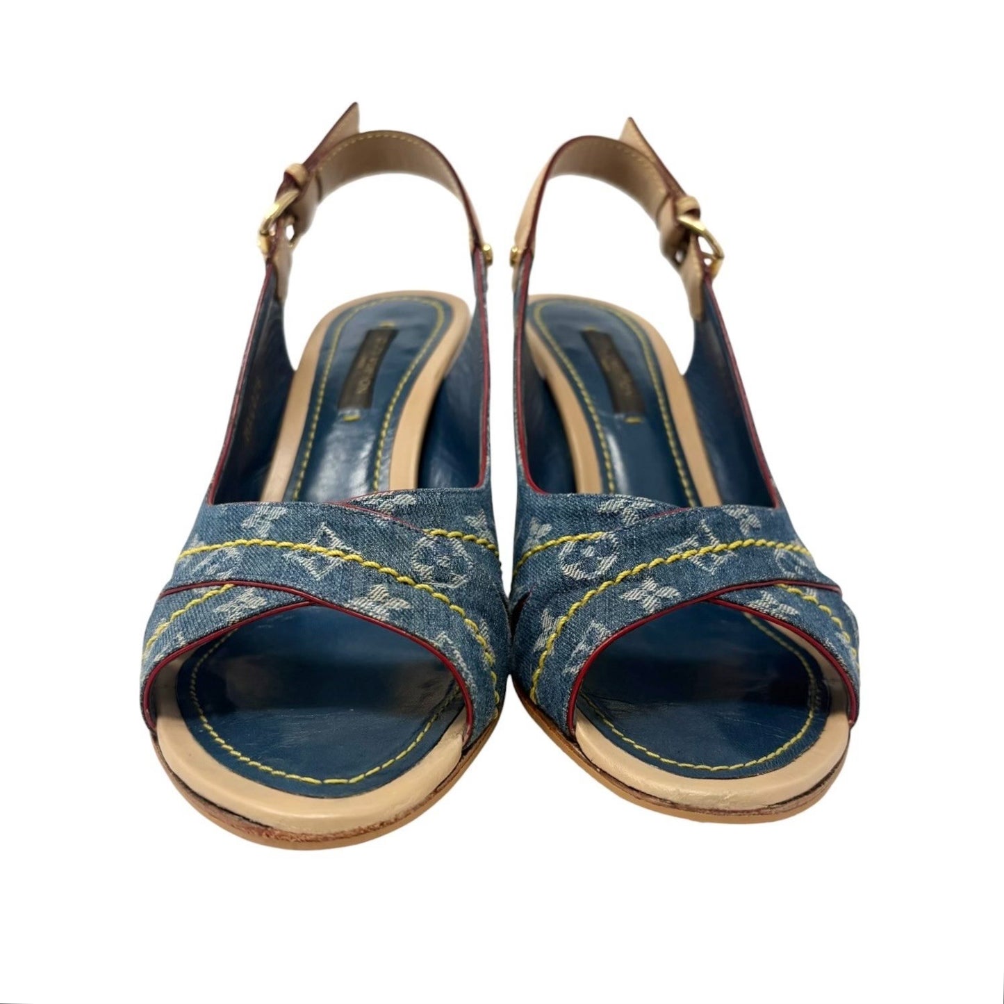 LOUIS VUITTON Vintage Monogram Denim Sandals Heels #36 Blue Beige Leather 901959