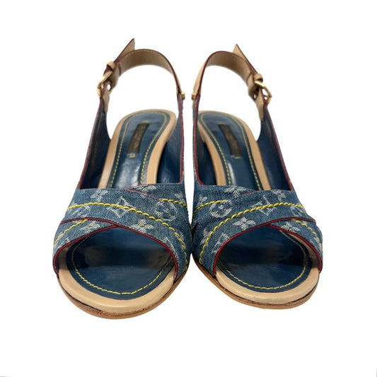 LOUIS VUITTON Vintage Monogram Denim Sandals Heels #36 Blue Beige Leather 901959