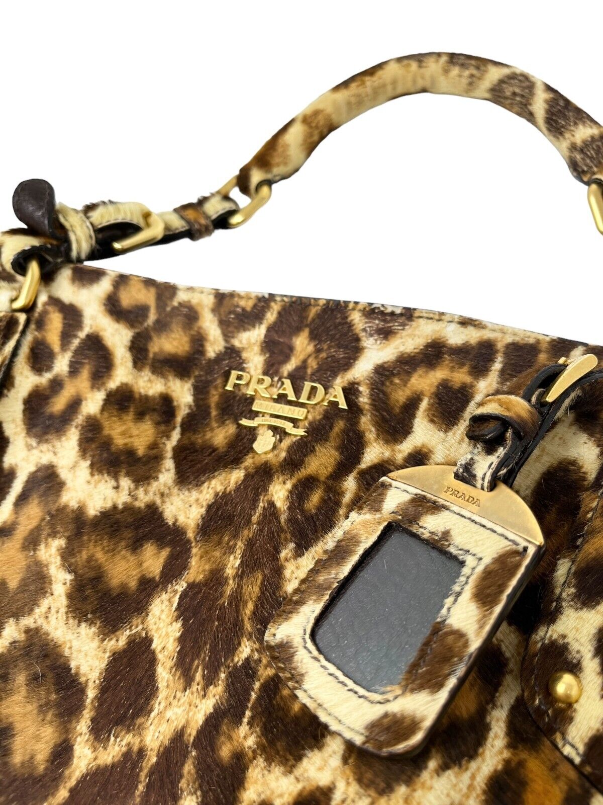 PRADA Vintage Logo 2way Tote Bag Brown Gold Calf Hair Leopard Crossbody Rank AB