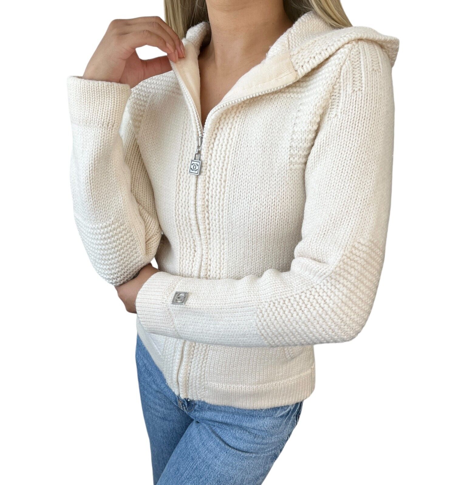 CHANEL Sport Vintage 08A CC Knit Jacket #38 Hoodie Zip Cream Wool Rank AB