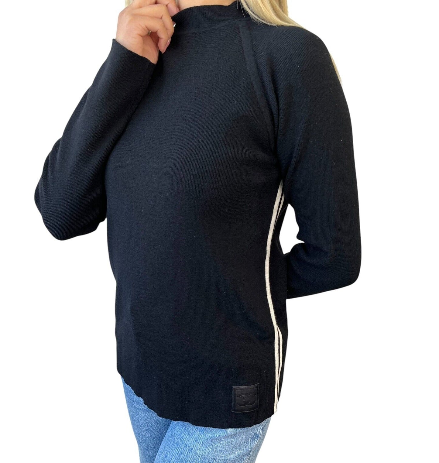 CHANEL Sport Vintage 04A CC Logo Knit Sweater Top #38 Mock Neck Black Wool