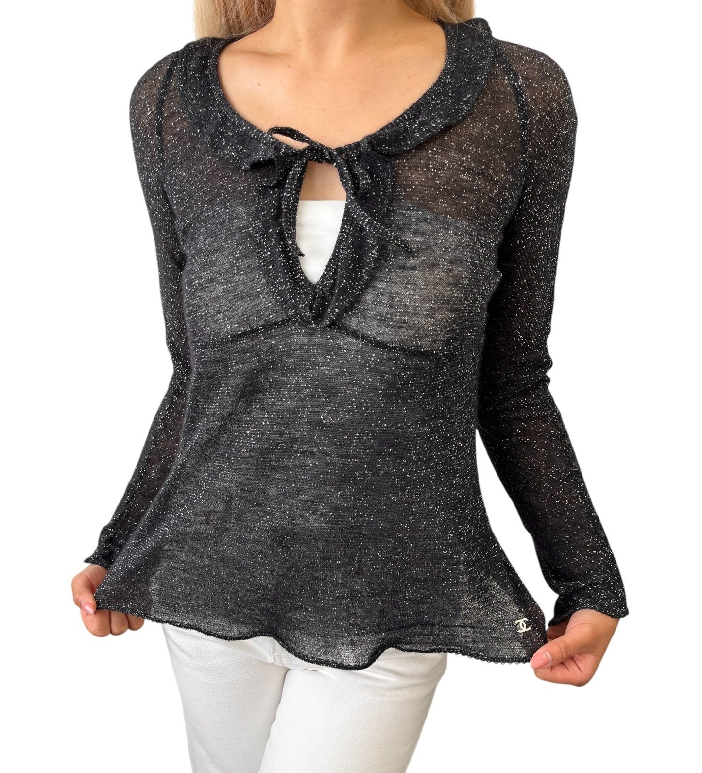 CHANEL Vintage 06A CC Logo Glitter Knit Top Black Wool Cashmere Long Sleeve