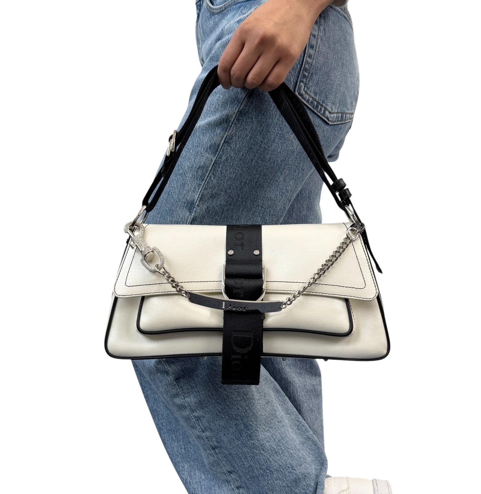 Christian Dior Vintage 2004 Hardcore Shoulder Bag Charm Rhinestone White Black
