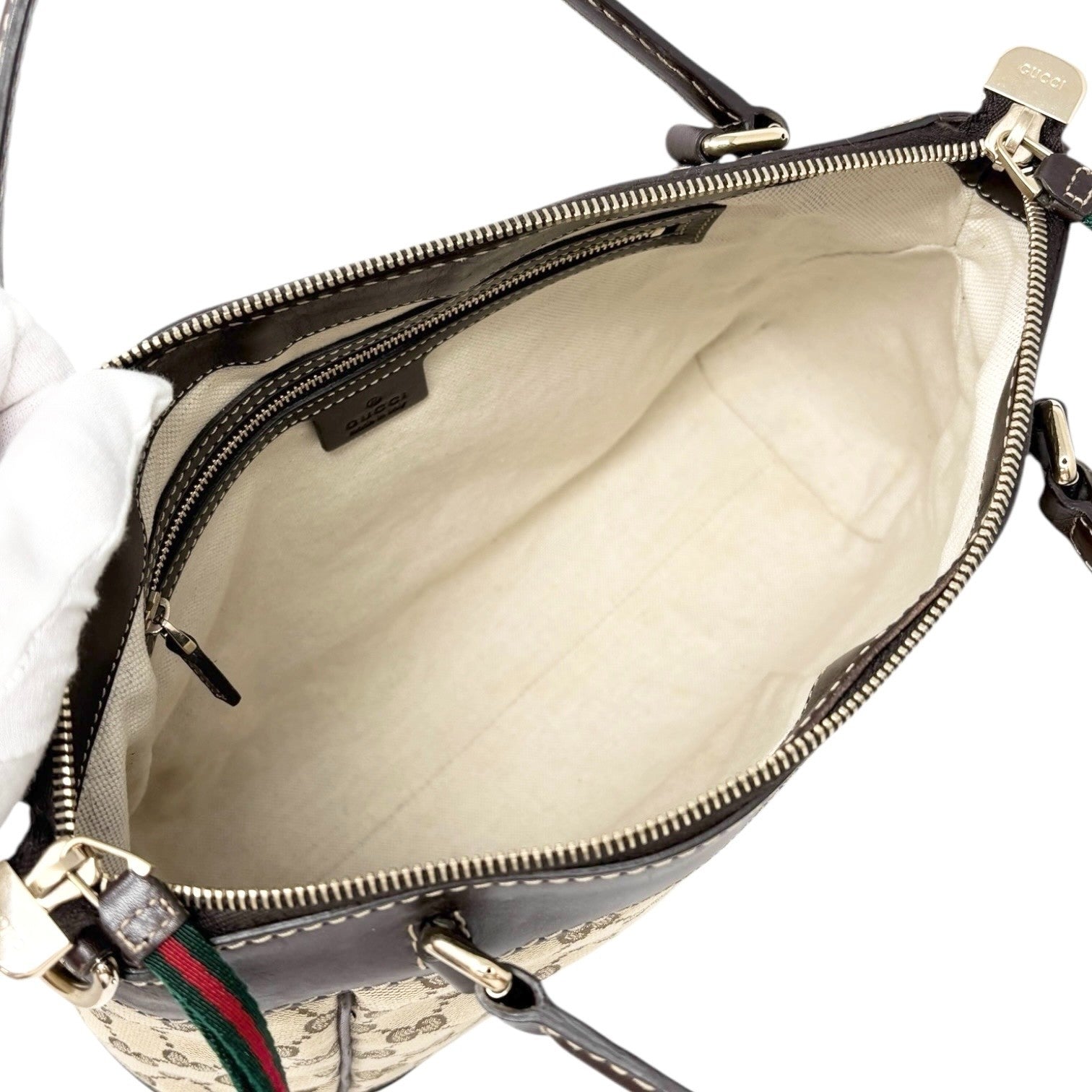 GUCCI Vintage GG Monogram Web Stripe 2way Shoulder Bag Beige Brown Ribbon