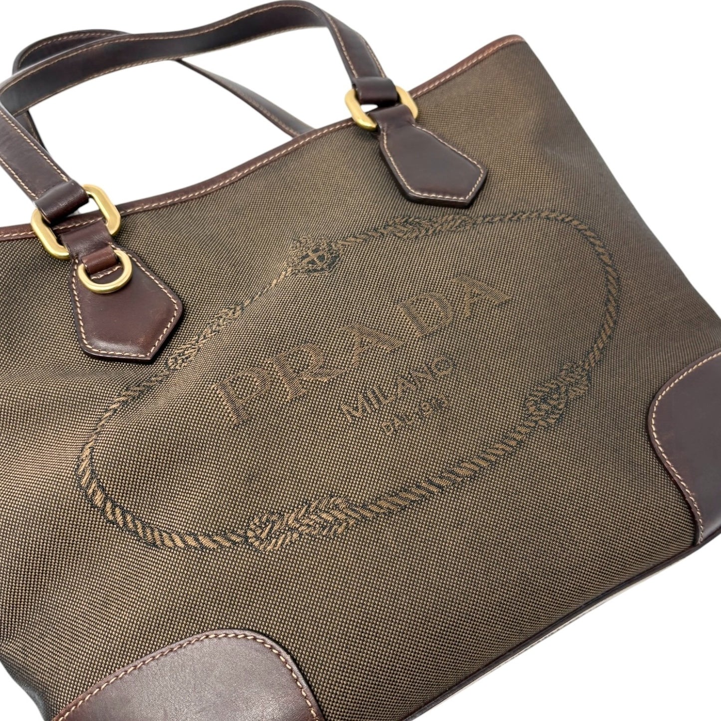 PRADA Vintage Triangle Logo Milano Jacquard Canvas Shoulder Tote Bag Brown Gold