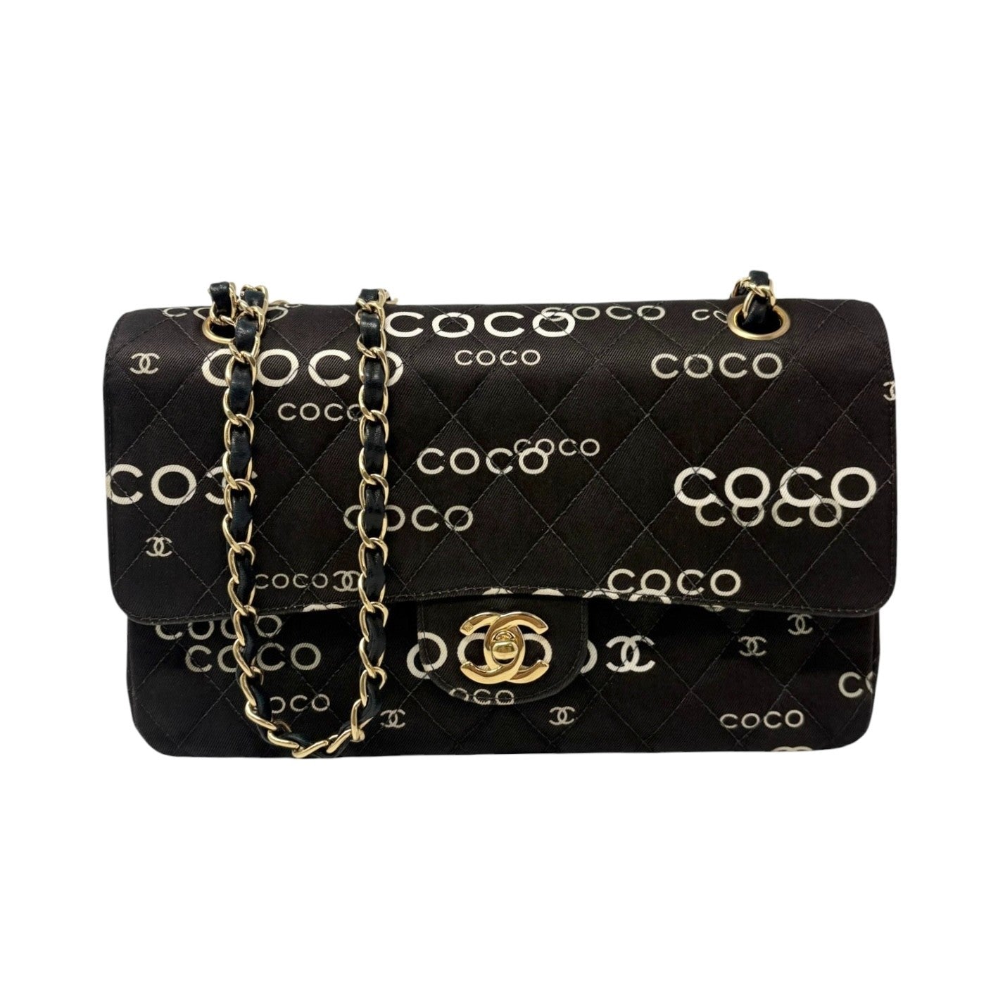 CHANEL Vintage CC Logo Print Turnlock Quilted Chain Shoulder Bag Black 901823