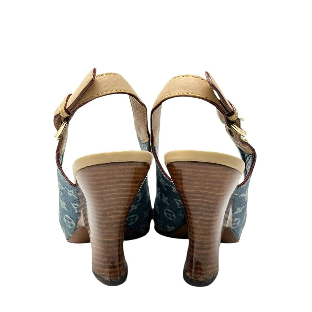 LOUIS VUITTON Vintage LV Logo Monogram Sandals #36.5-37 Blue Beige Denim Belt