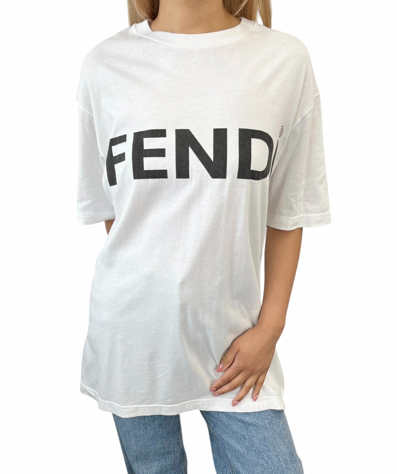 FENDI Vintage Big Logo Oversized T-shirt #42 Short Sleeve Top White Black Cotton