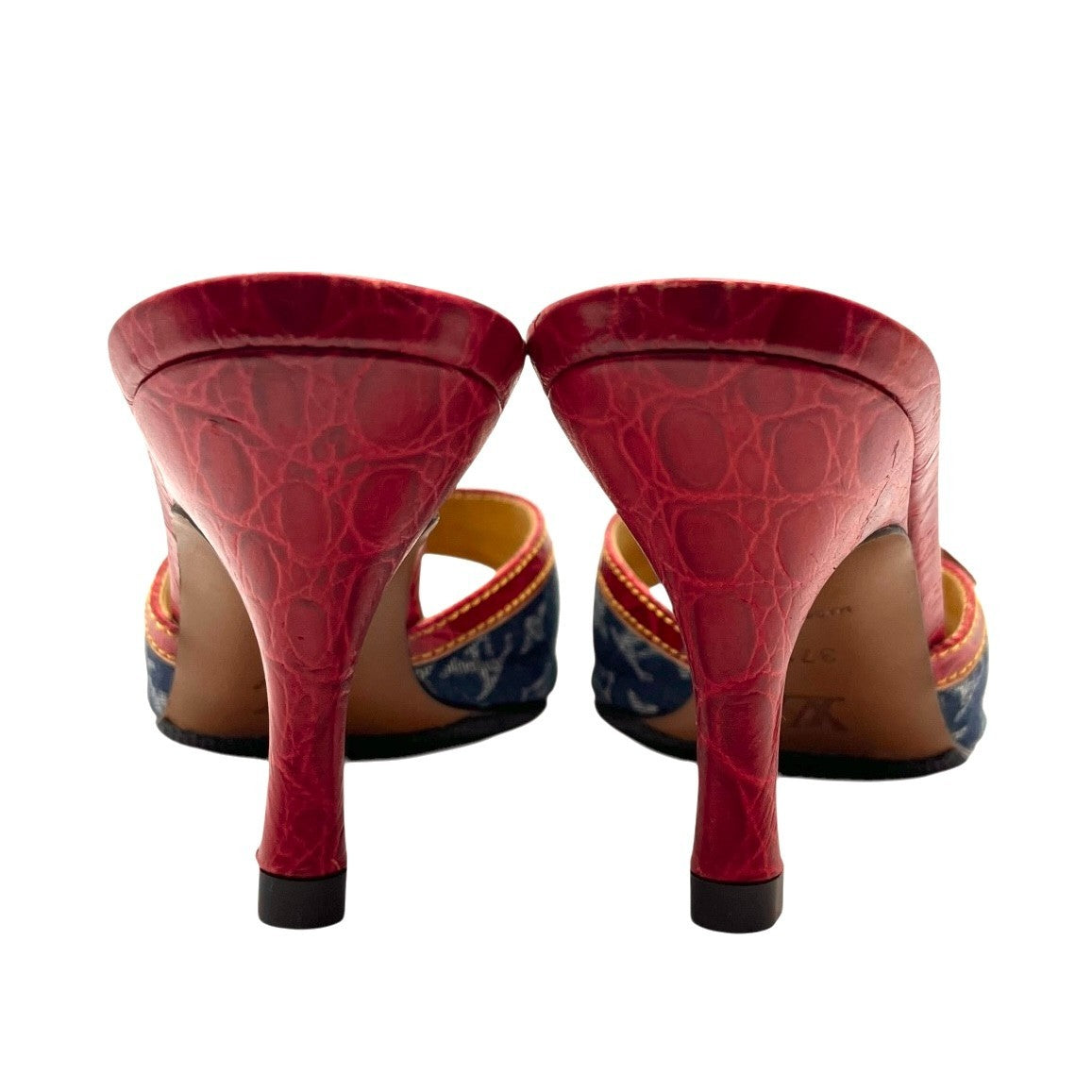 LOUIS VUITTON Vintage LV Monogram Logo Denim Sandals Heels #37-37.5 Blue Red
