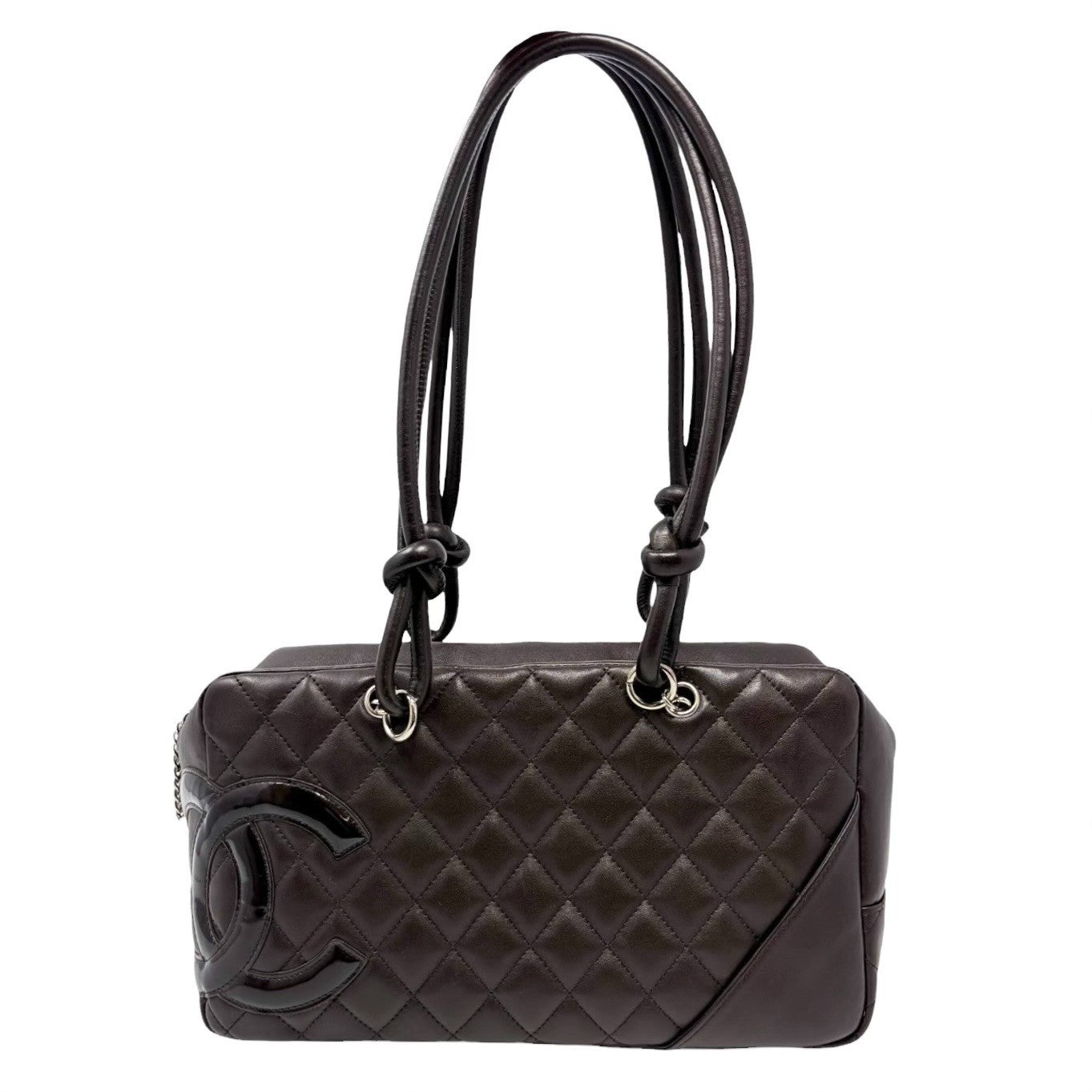 CHANEL Vintage Cambon Line CC Logo Quilted Shoulder Bag Brown Silver Leather