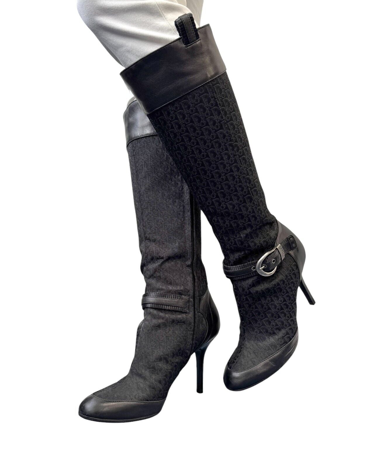 Dior Vintage Trotter Monogram Long Boots Heels #38.5 Black Silver Canvas