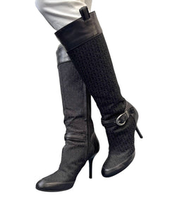 Dior Vintage Trotter Monogram Long Boots Heels #38.5 Black Silver Canvas