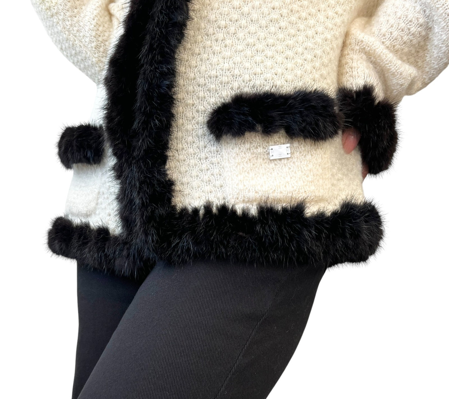 CHANEL Vintage 03A CC Logo Fur Trim Knit Cardigan #42 Cream Brown Mohair 901978