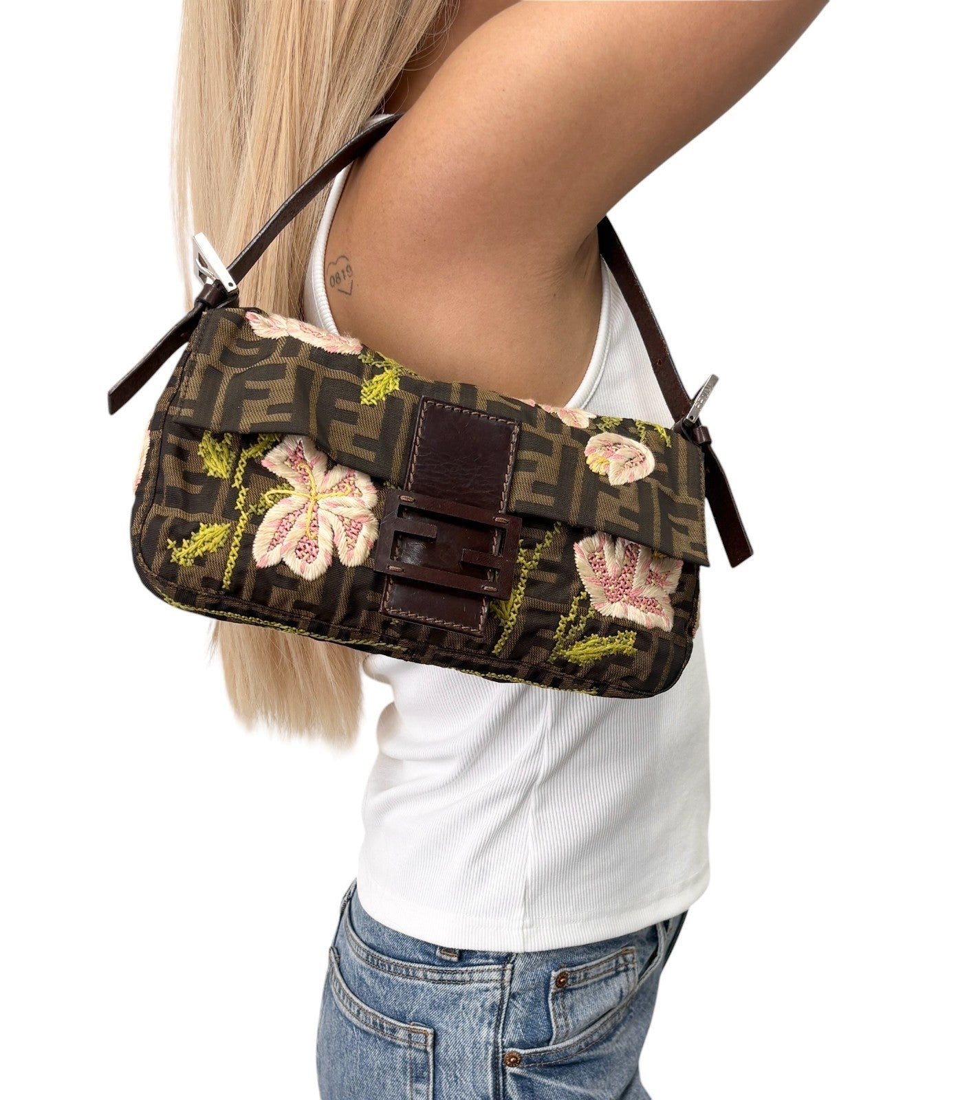 FENDI Vintage FF Zucca Mamma Baguette Flower Shoulder Bag Canvas Brown 901848