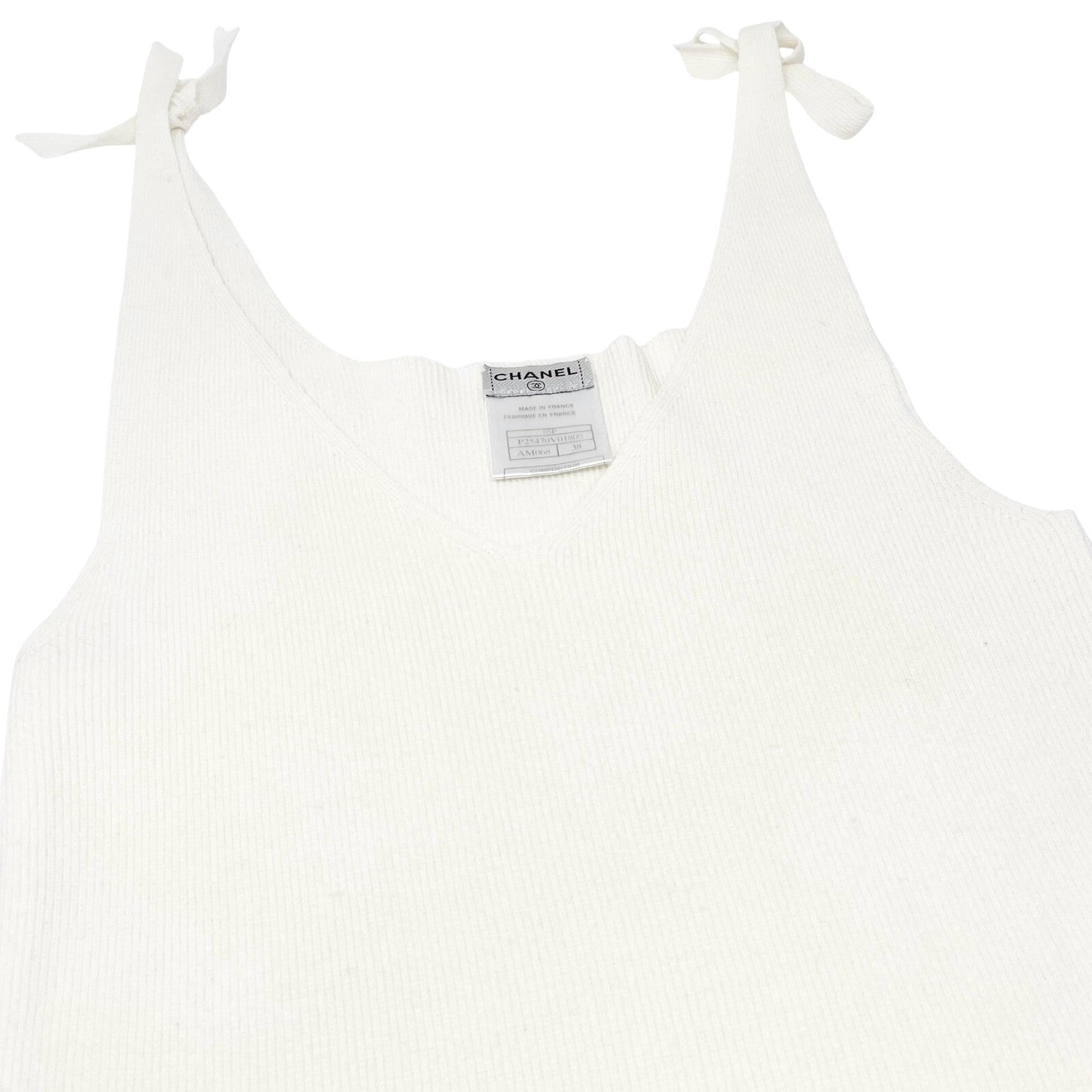 CHANEL Vintage 05P CC Logo Rib Knit Tank Top #38 V-neck Sleeveless White Cotton