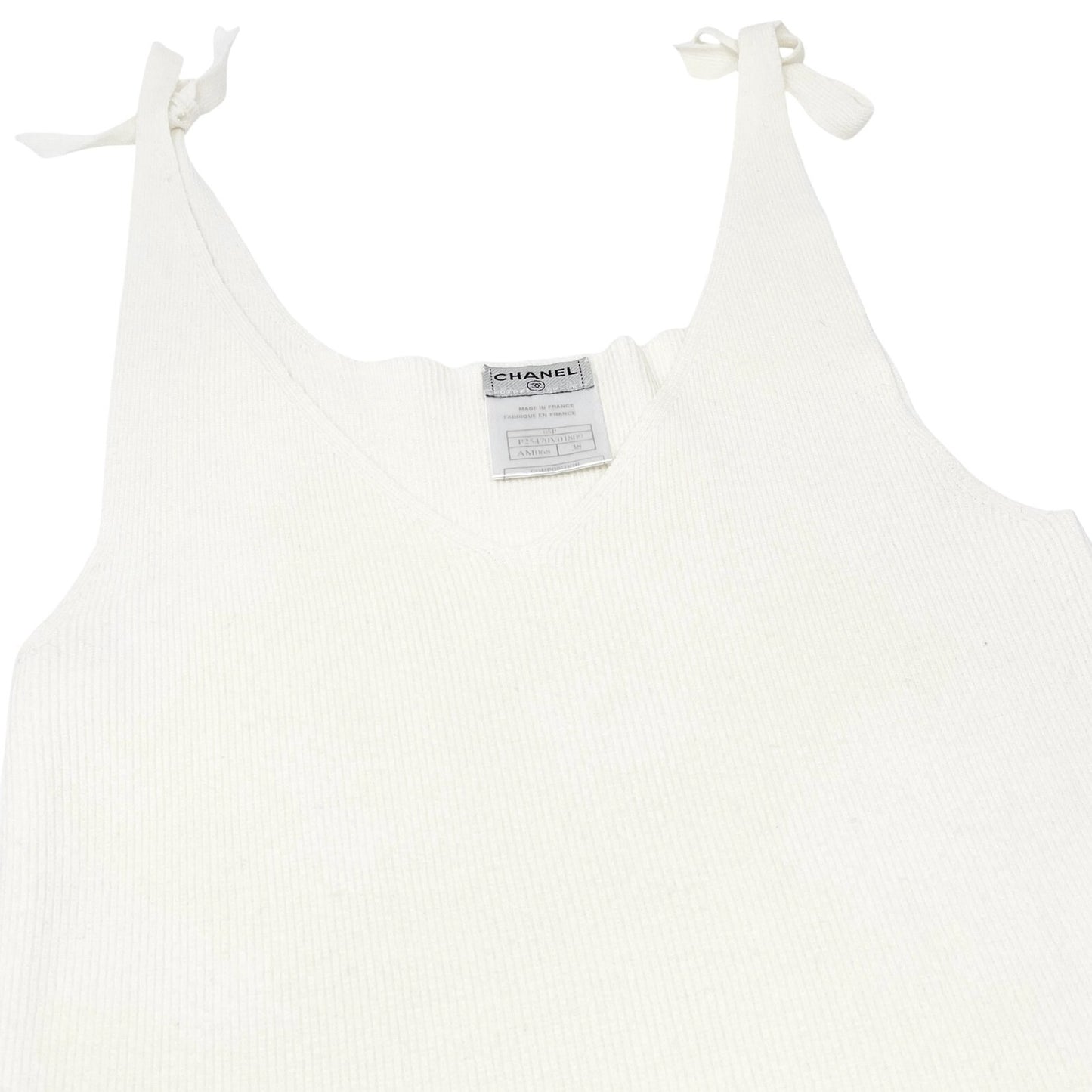 CHANEL Vintage 05P CC Logo Rib Knit Tank Top #38 V-neck Sleeveless White Cotton