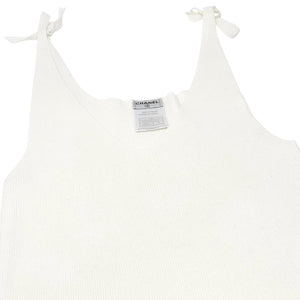CHANEL Vintage 05P CC Logo Rib Knit Tank Top #38 V-neck Sleeveless White Cotton