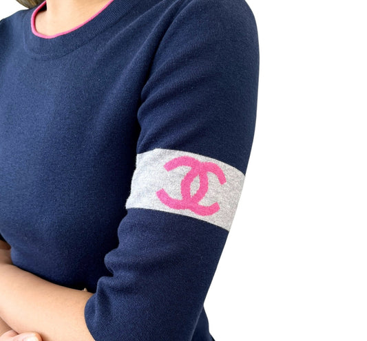 CHANEL Vintage 08P CC Logo Cashmere Knit Top #46 Dark Blue Pink Gray 902453