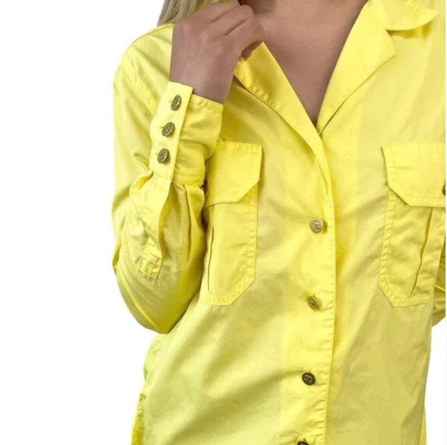 CHANEL Vintage P04883 CC Logo Shirt Top #36 Yellow Gold Cotton Button