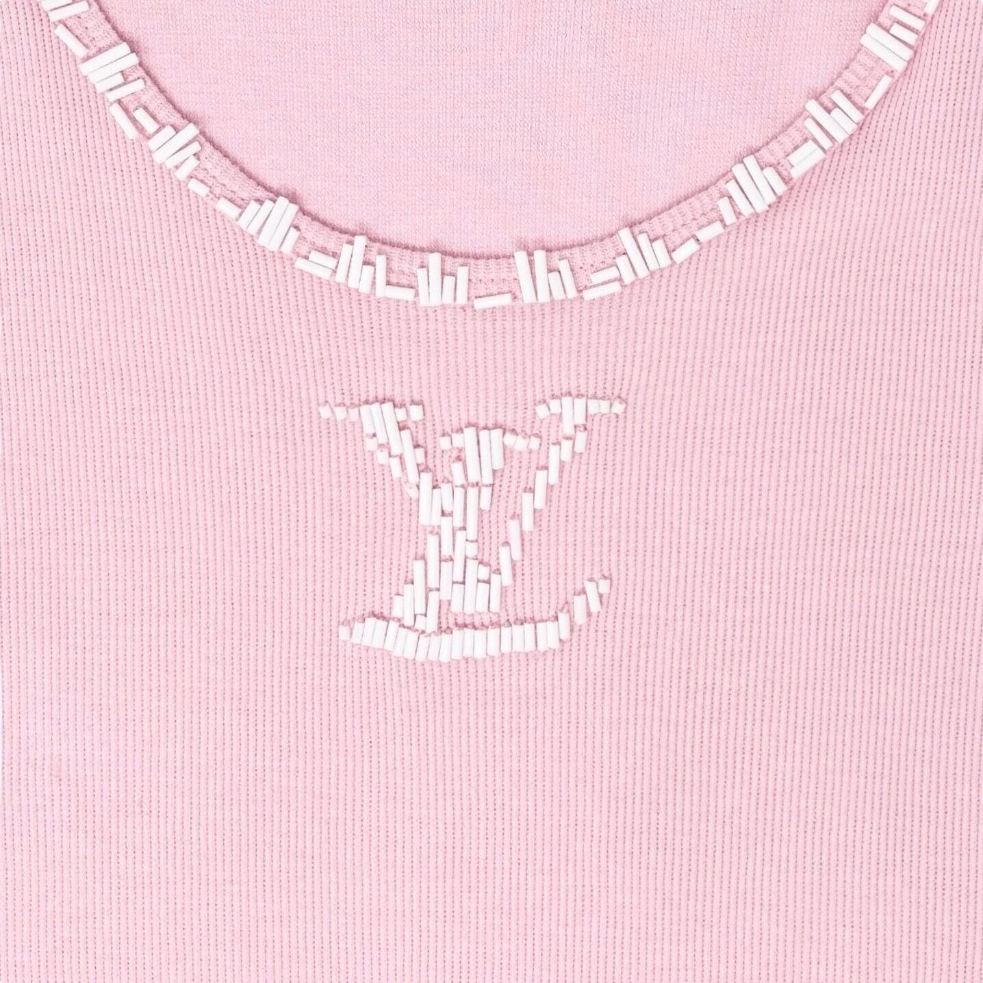 LOUIS VUITTON Vintage LV Beads Logo Tank Top #M Pink White Cotton Rank AB